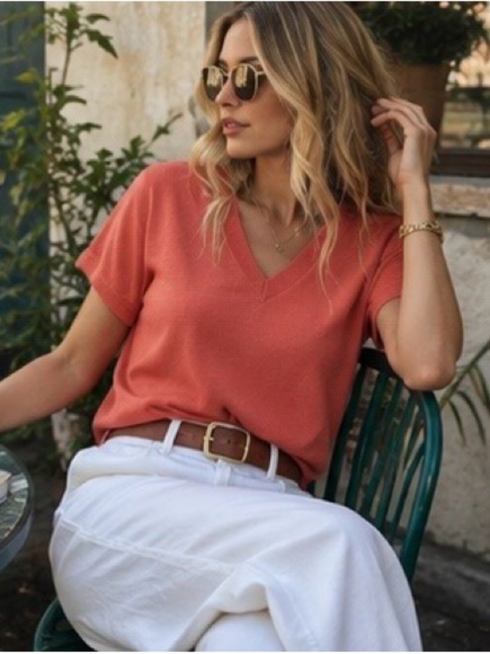 Cyrus New York - Women's V-Neck Short Sleeve Top - Coral